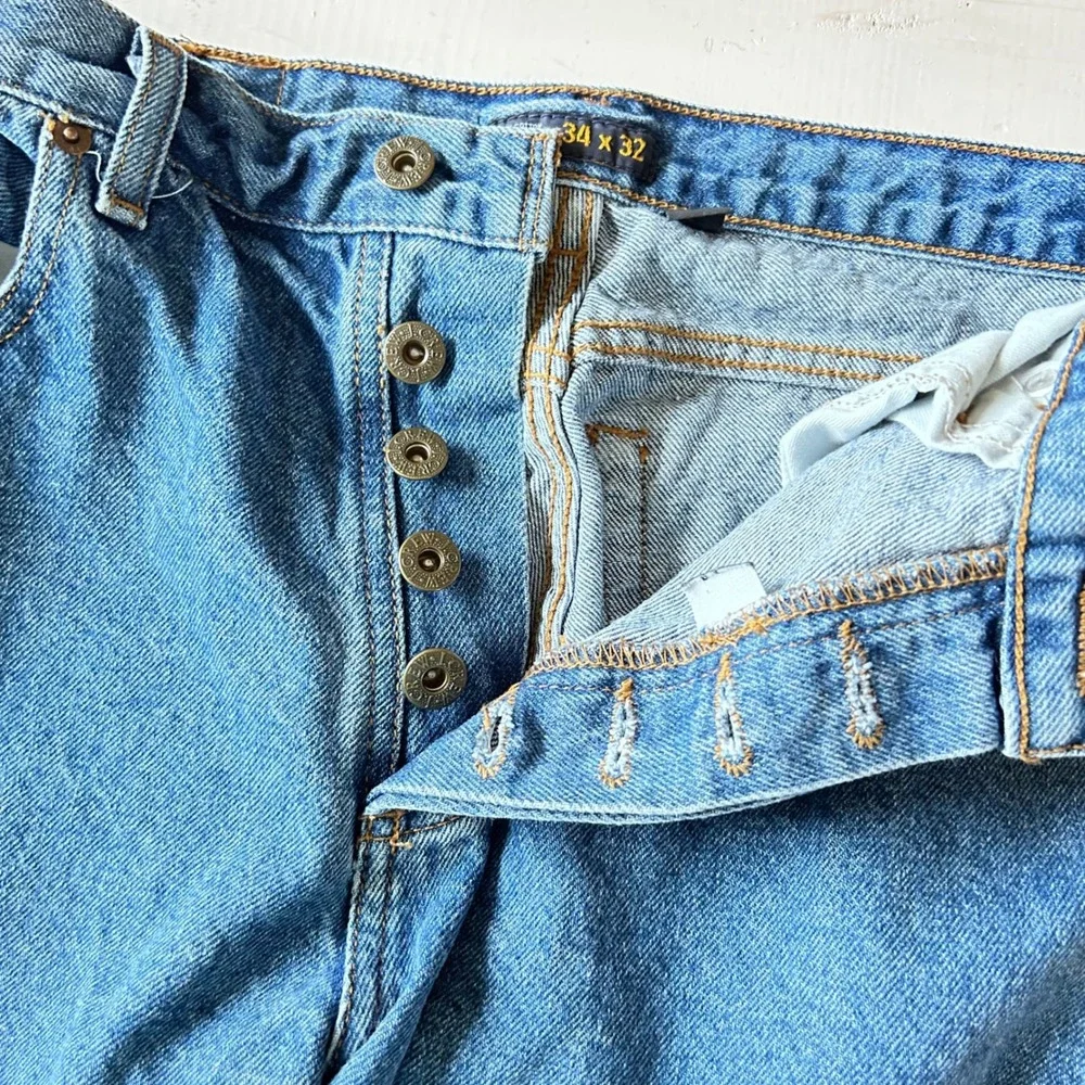 J Crew 34x32‎ Mens Button Fly Denim Jeans Blue Classic Straight Leg